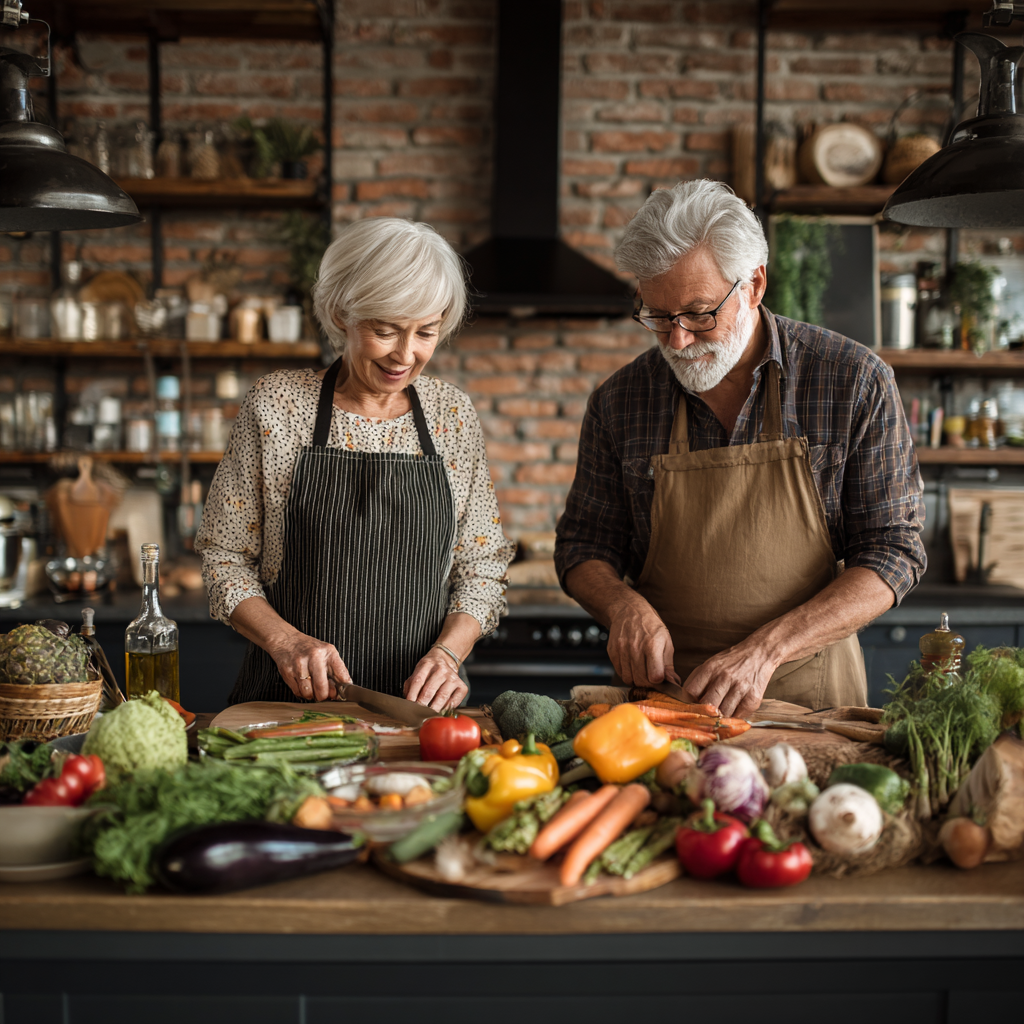Mature adults preparing fresh healthy meals together in modern kitchen